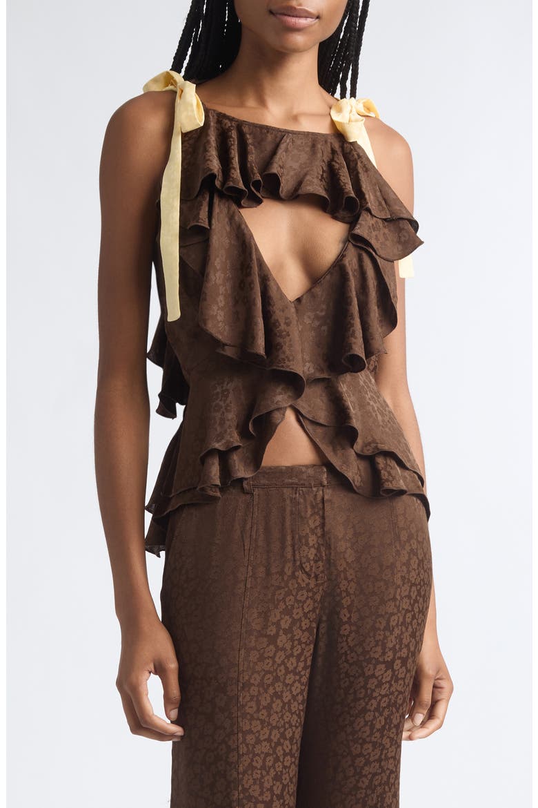 Marian Crop Ruffle Satin Jacquard Top, Main, color, BROWN/ YELLOW