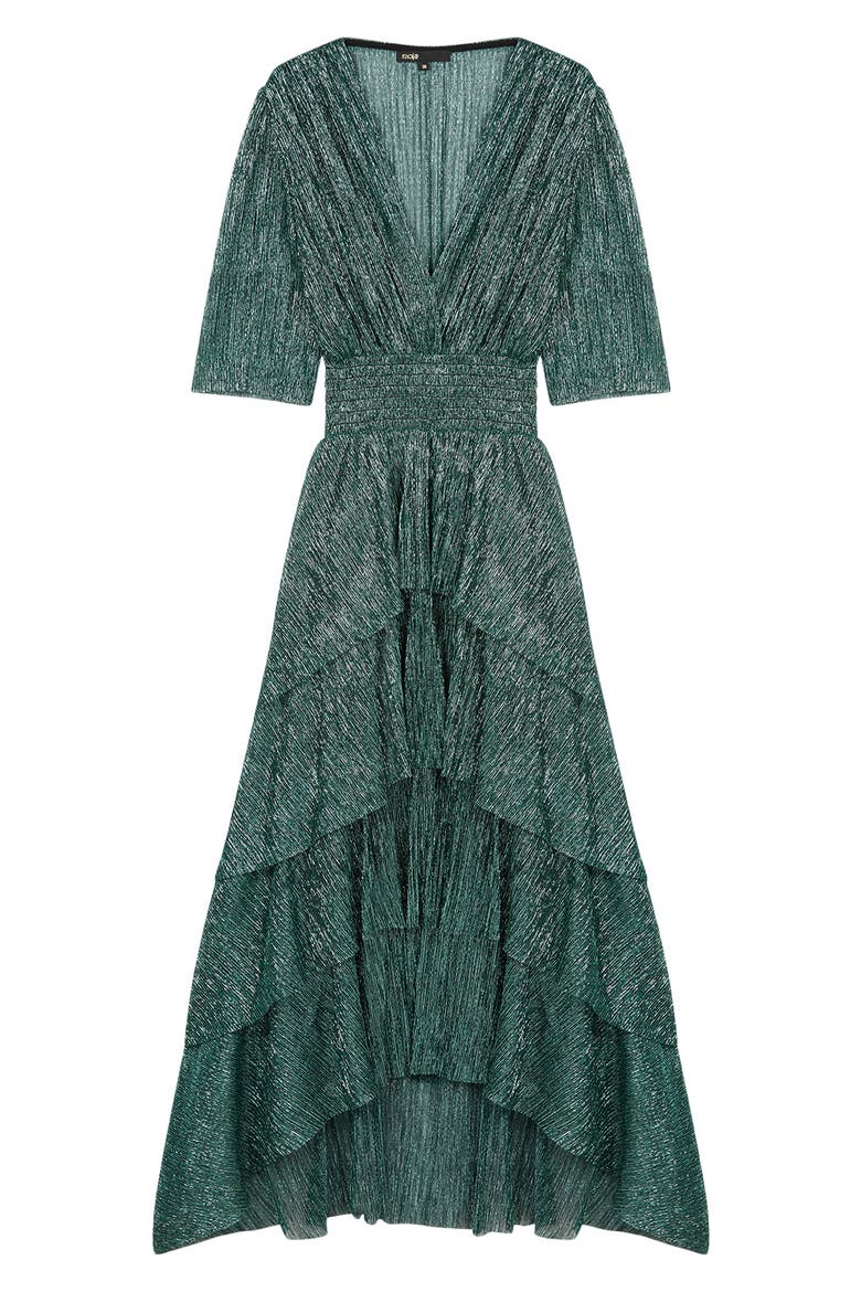 Metallic Thread Plunge Neck High/Low Dress, Alternate, color, GREEN