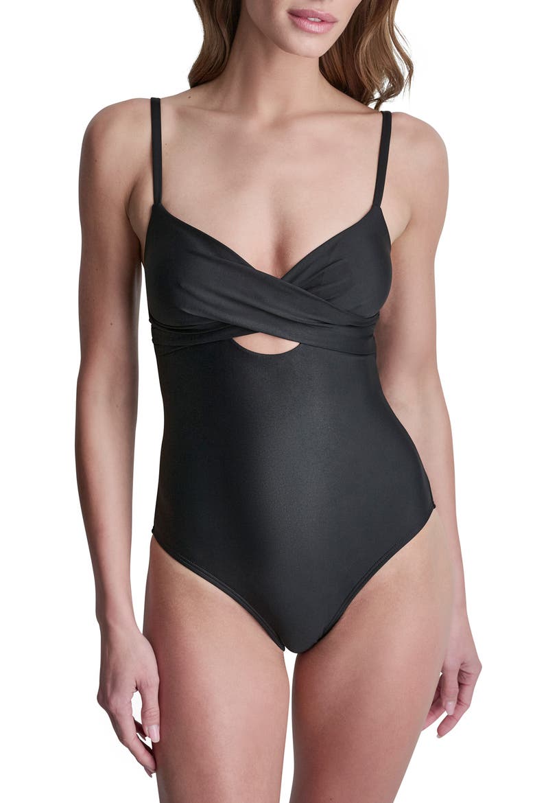 Keyhole Twist One-Piece Swimsuit, Main, color, BLACK