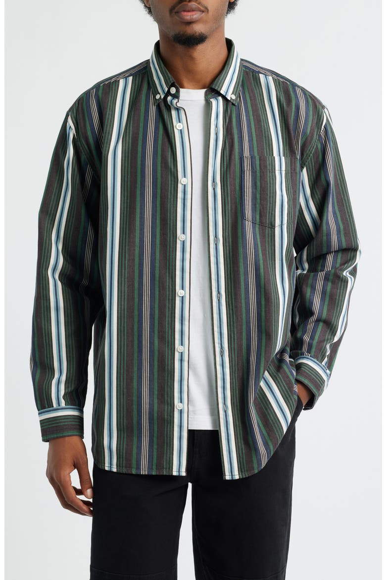 Stripe Cotton Button-Down Shirt, Main, color, GREEN MIXED STRIPE