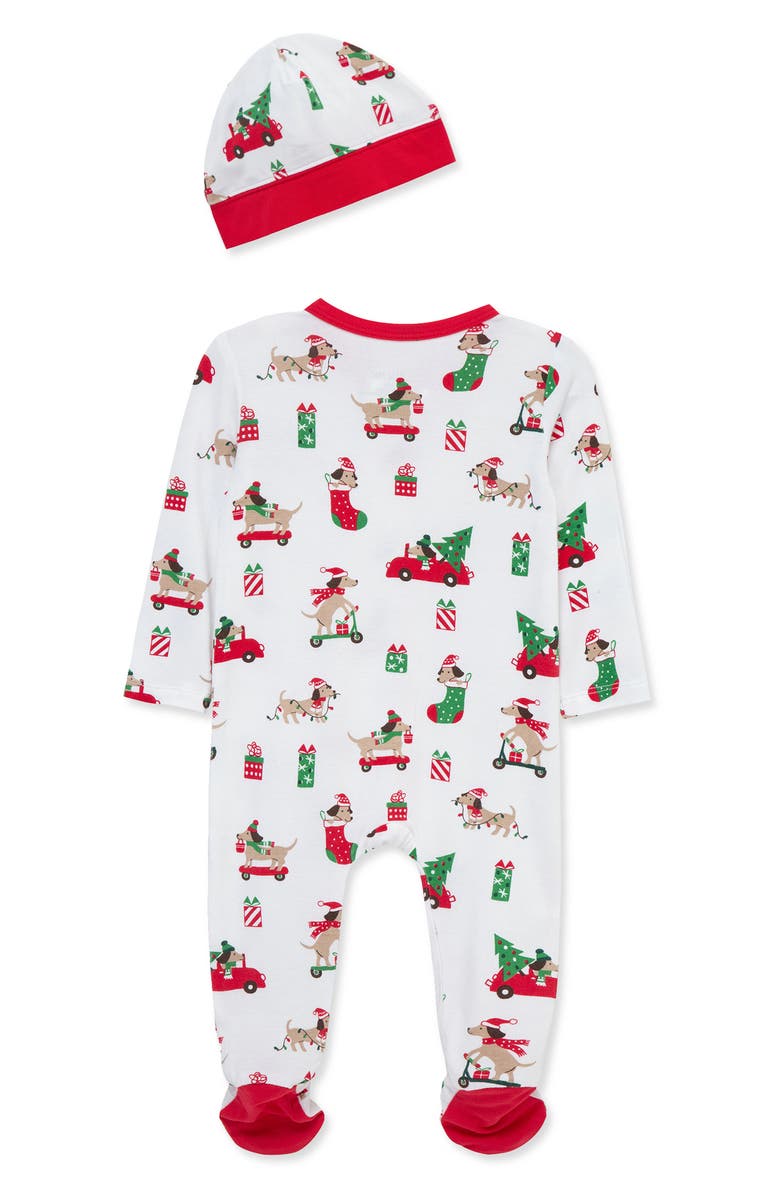 Little Me Holiday Pups Stretch Viscose Footie & Hat Set, Alternate, color, White Multi