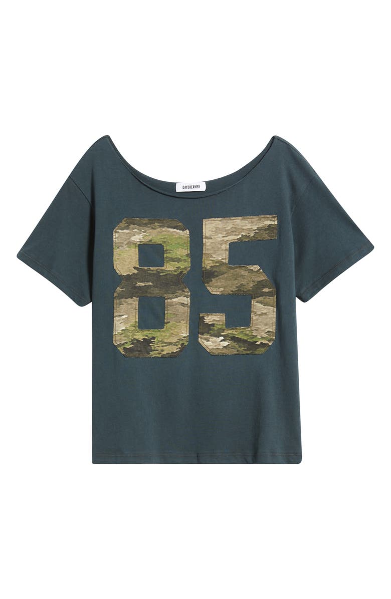 Daydreamer 85 Camo Appliqué Off the Shoulder Cotton T-Shirt, Alternate, color, Vintage Black