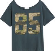 Daydreamer 85 Camo Appliqué Off the Shoulder Cotton T-Shirt