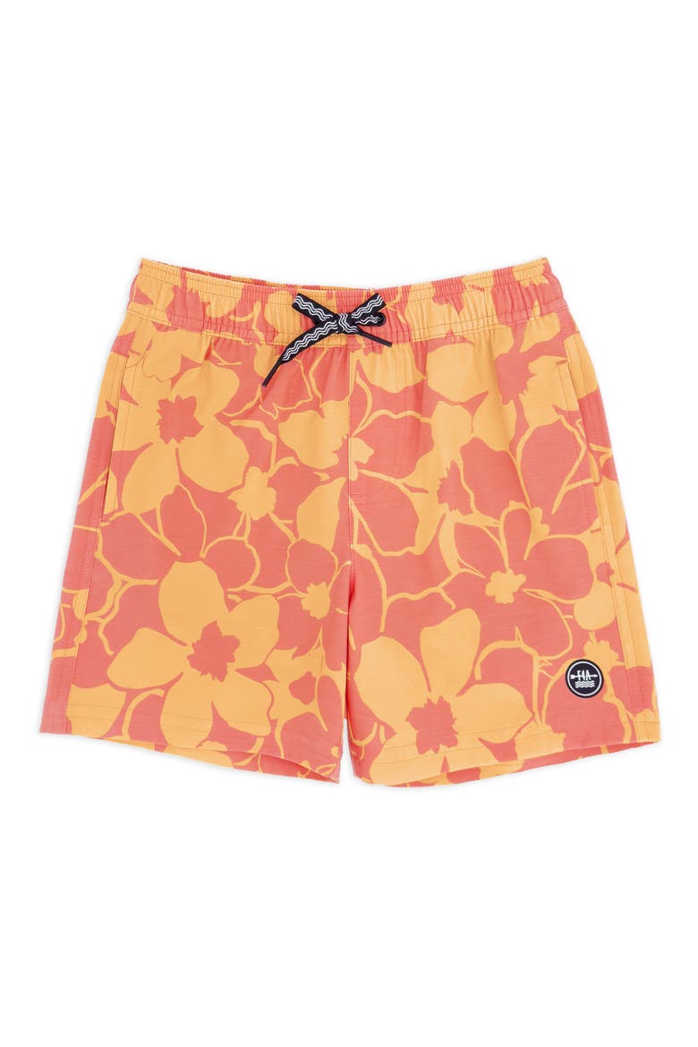 Kids' Hibiscus Floral Volley Swim Trunks, Main, color, MELON