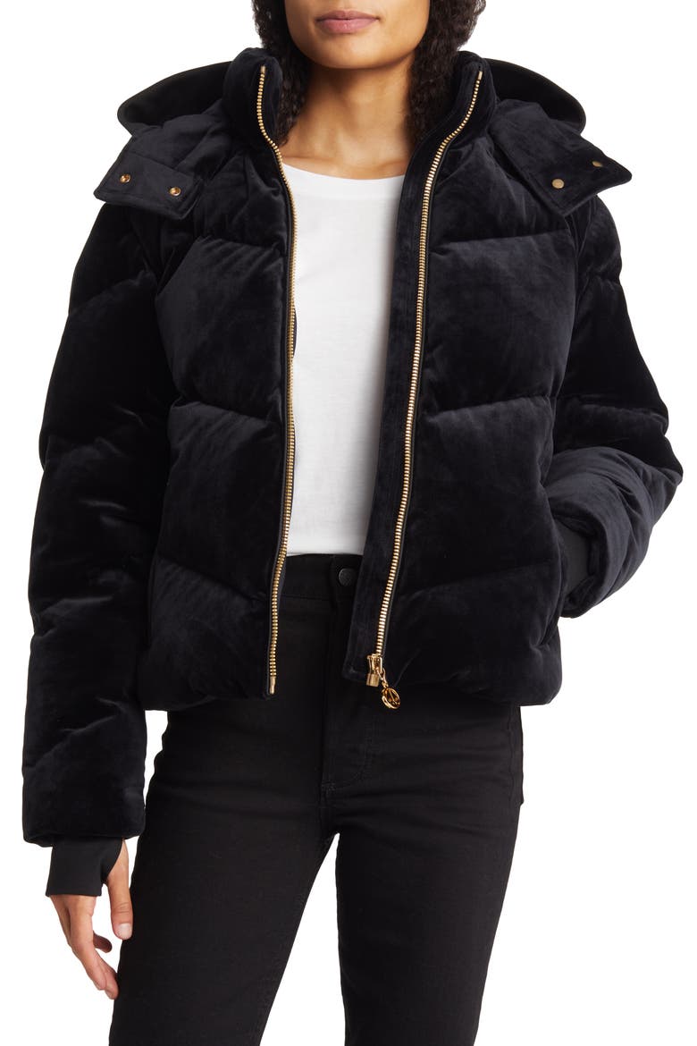 Seville Down Velvet Puffer Jacket, Main, color, BLACK