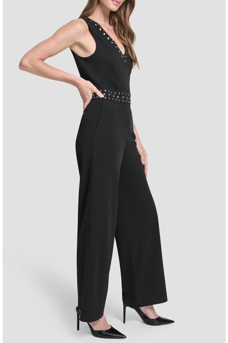 Stud Detail Scuba Crepe Jumpsuit, Alternate, color, BLACK