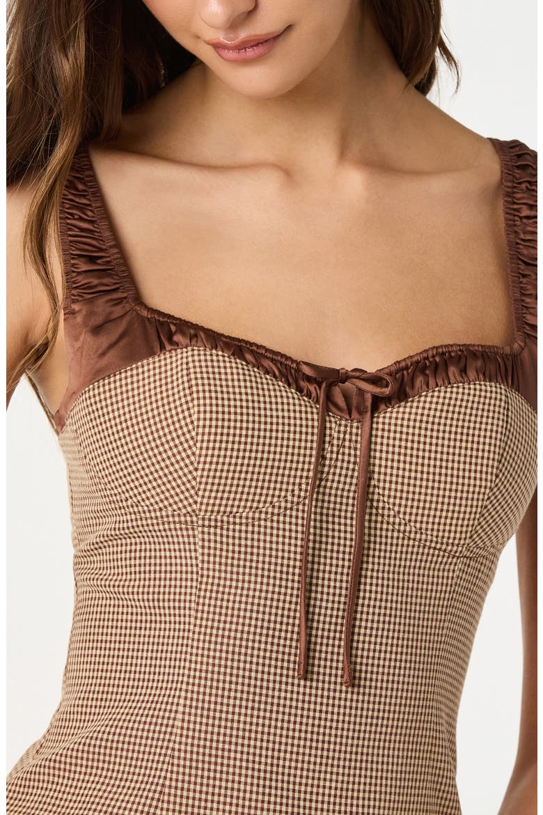Milkmaid Gingham & Satin Minidress, Alternate, color, BROWN GINGHAM