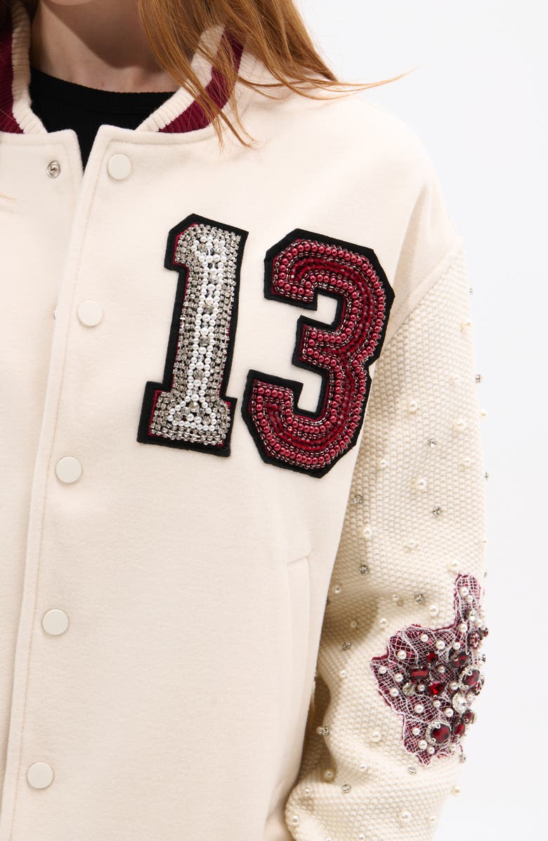 AZALEA WANG Crystal 13 Logo Bomber Jacket, Alternate, color, Cream Multi