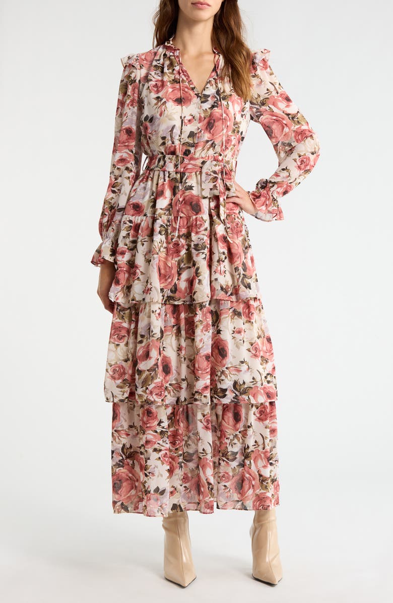 MELLODAY Floral Ruffle Tie Belt Long Sleeve Maxi Dress, Main, color, Ivory Multi
