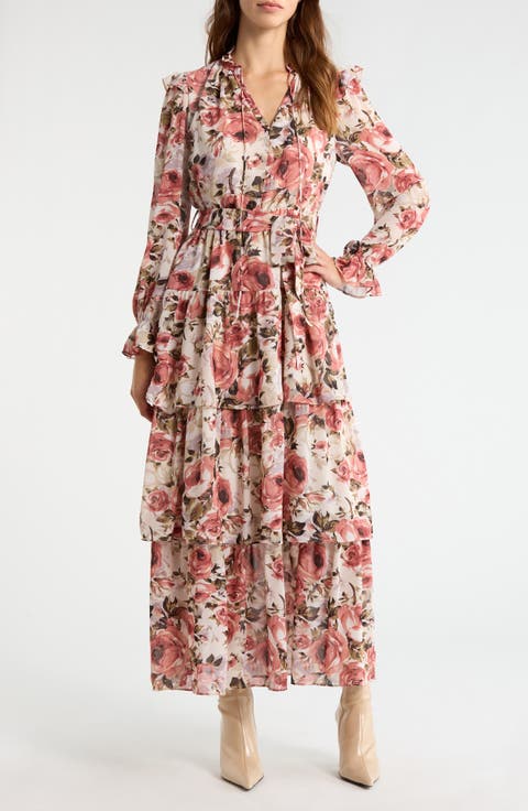 Floral Ruffle Tie Belt Long Sleeve Maxi Dress