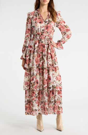Floral Ruffle Tie Belt Long Sleeve Maxi Dress
