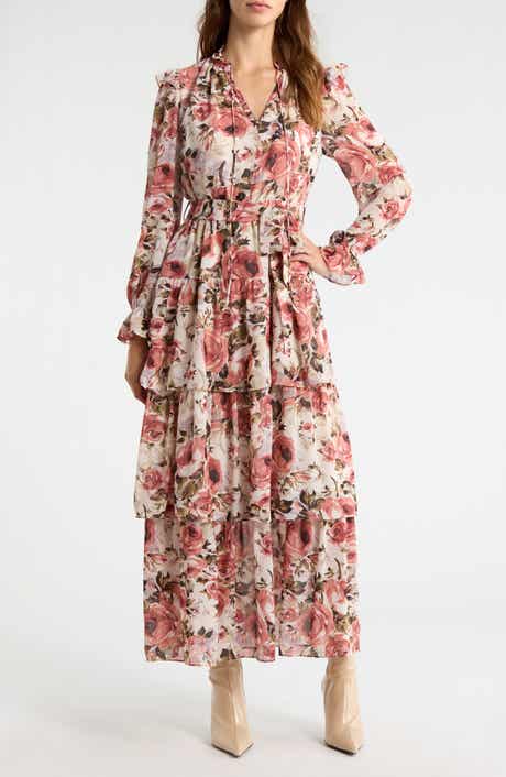 MELLODAY Floral Ruffle Tie Belt Long Sleeve Maxi Dress