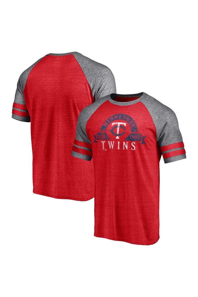 Men's Fanatics Branded Heather Red Minnesota Twins Utility Two-Stripe Raglan Tri-Blend T-Shirt, Main, color, Heather Red