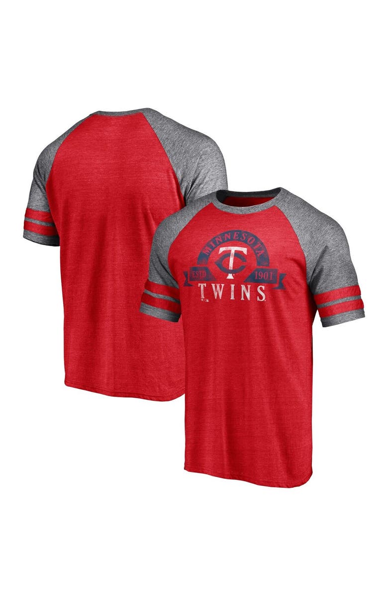 FANATICS Men's Fanatics Branded Heather Red Minnesota Twins Utility Two-Stripe Raglan Tri-Blend T-Shirt, Main, color, Heather Red