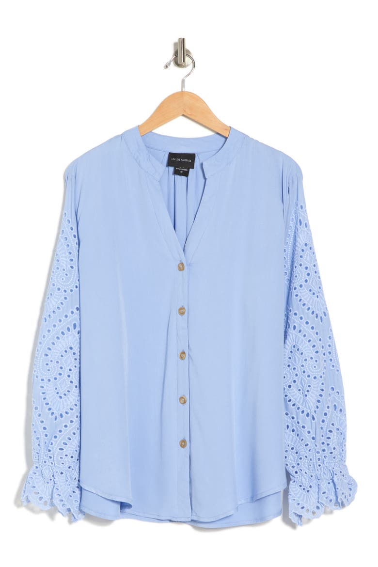 Embroidered Eyelet Long Sleeve Button-Up Shirt, Alternate, color, DENIM