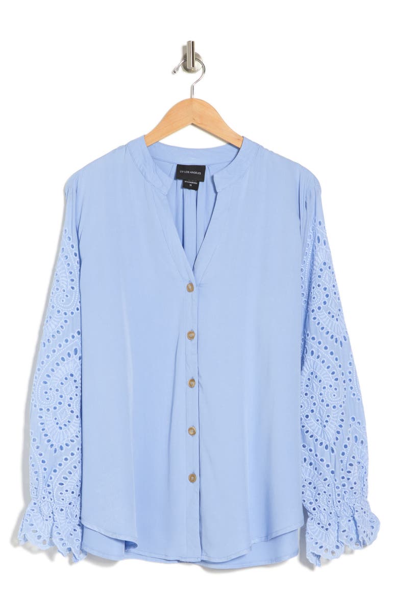 Forgotten Grace Embroidered Eyelet Long Sleeve Button-Up Shirt, Alternate, color, Denim