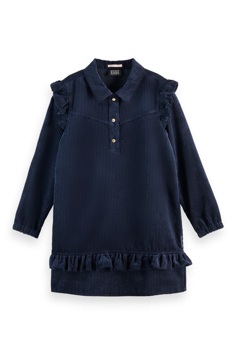 Kids' Long Sleeve Ruffled Corduroy Dress, Main, color, SKY CAPTAIN
