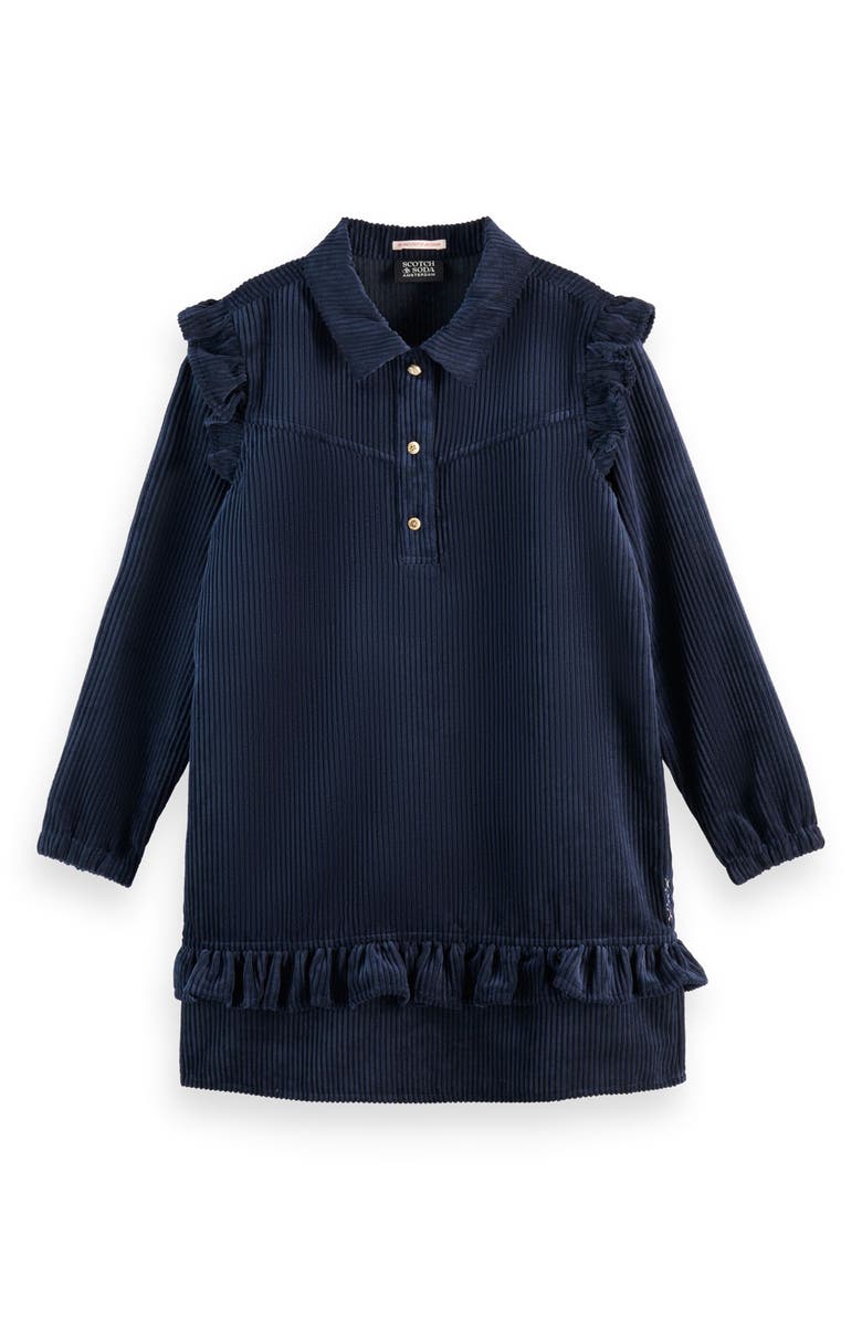 Scotch & Soda Kids' Long Sleeve Ruffled Corduroy Dress, Main, color, Sky Captain