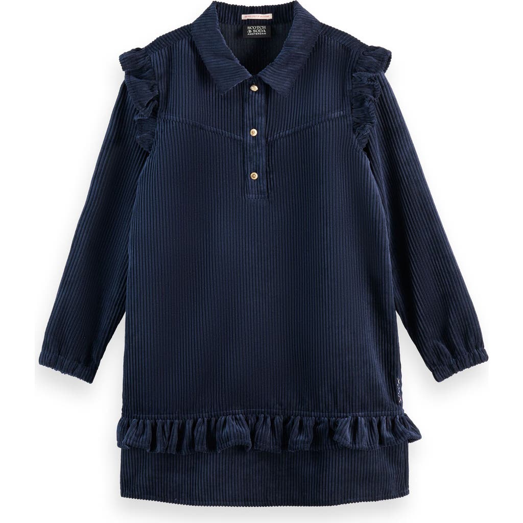 Scotch & Soda Kids' Long Sleeve Ruffled Corduroy Dress In Blue