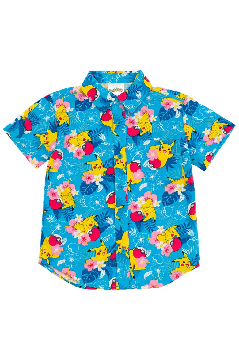 Pikachu Short Sleeve Button Down Shirt, Main, color, Blue