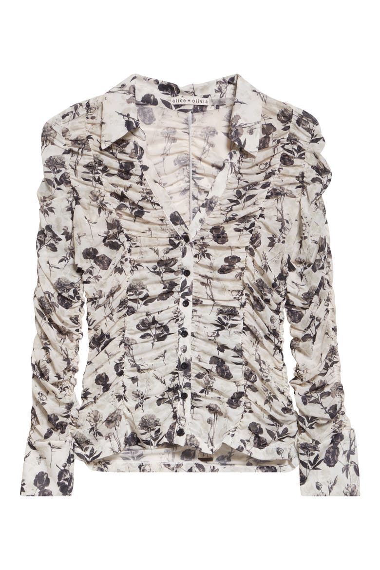 Portia Floral Center Ruched Button-Up Shirt, Alternate, color, ARDEN FOREST