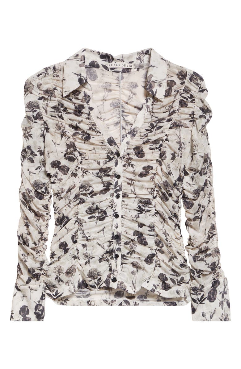 Alice + Olivia Portia Floral Center Ruched Button-Up Shirt, Alternate, color, Arden Forest