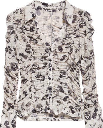 Portia Floral Center Ruched Button-Up Shirt