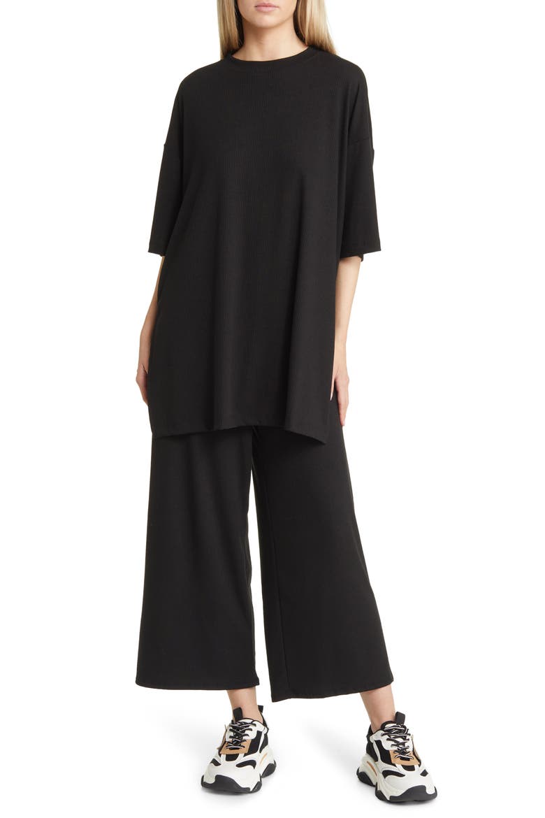 Lex Ribbed Oversize T-Shirt & High Waist Crop Pants Set, Main, color, BLACK