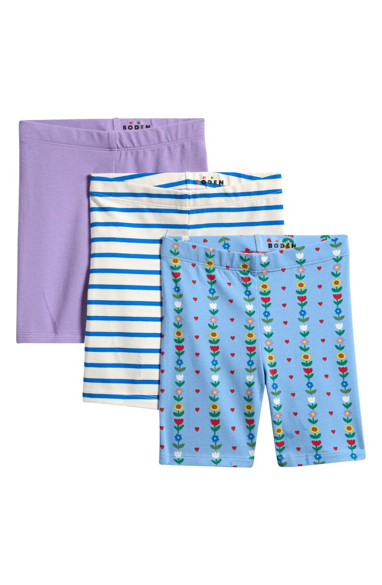 Mini Boden Kids
 Assorted 3-Pack Stretch Cotton Blend Bicycle Shorts, Main, color, Glacier Blue Sunflower Garden