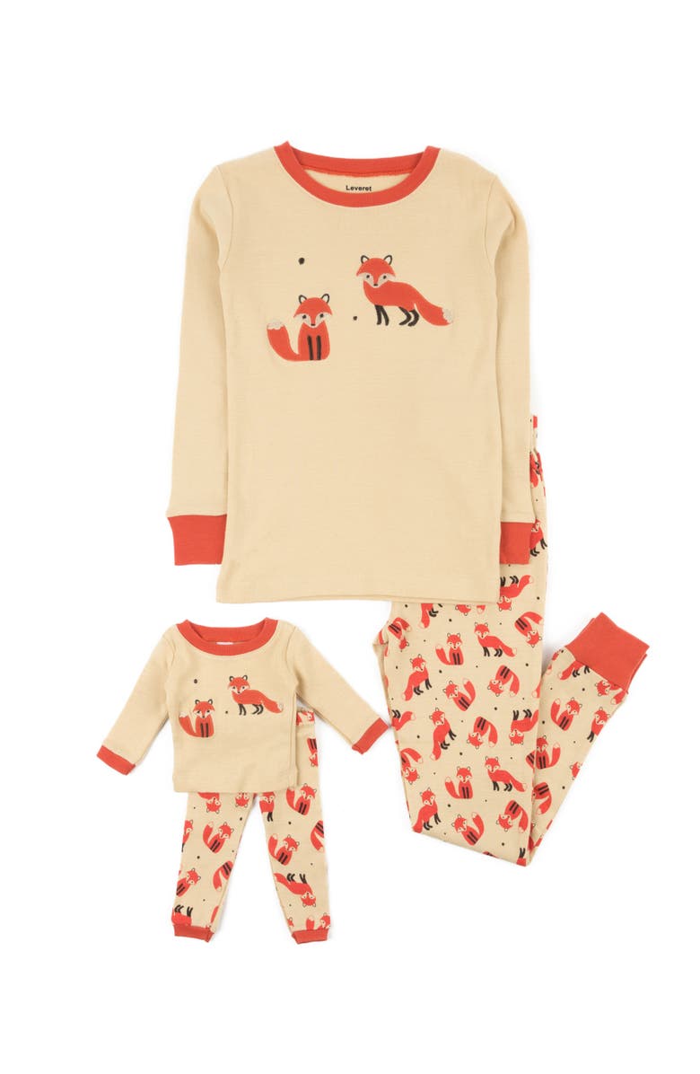 Leveret 2-pc. Cotton Short Sleeve Shirt & Shorts Animal Print Pajama Set with Matching Doll Accessory, Main, color, Fox Orange