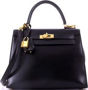 Pre-Owned Hermes Kelly Handbag Black Tadelakt with Gold Hardware 25