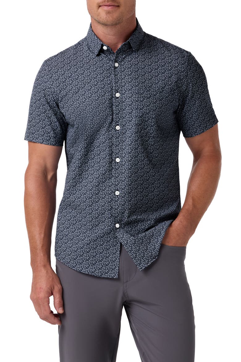 Halyard Trim Fit Short Sleeve Performance Button-Up Shirt, Main, color, NAVY DITSY