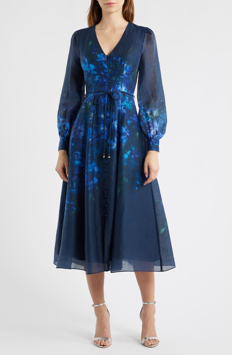 Ever New Kahlani Floral Print Long Sleeve Midi Dress, Main, color, Navy Fontaine Floral