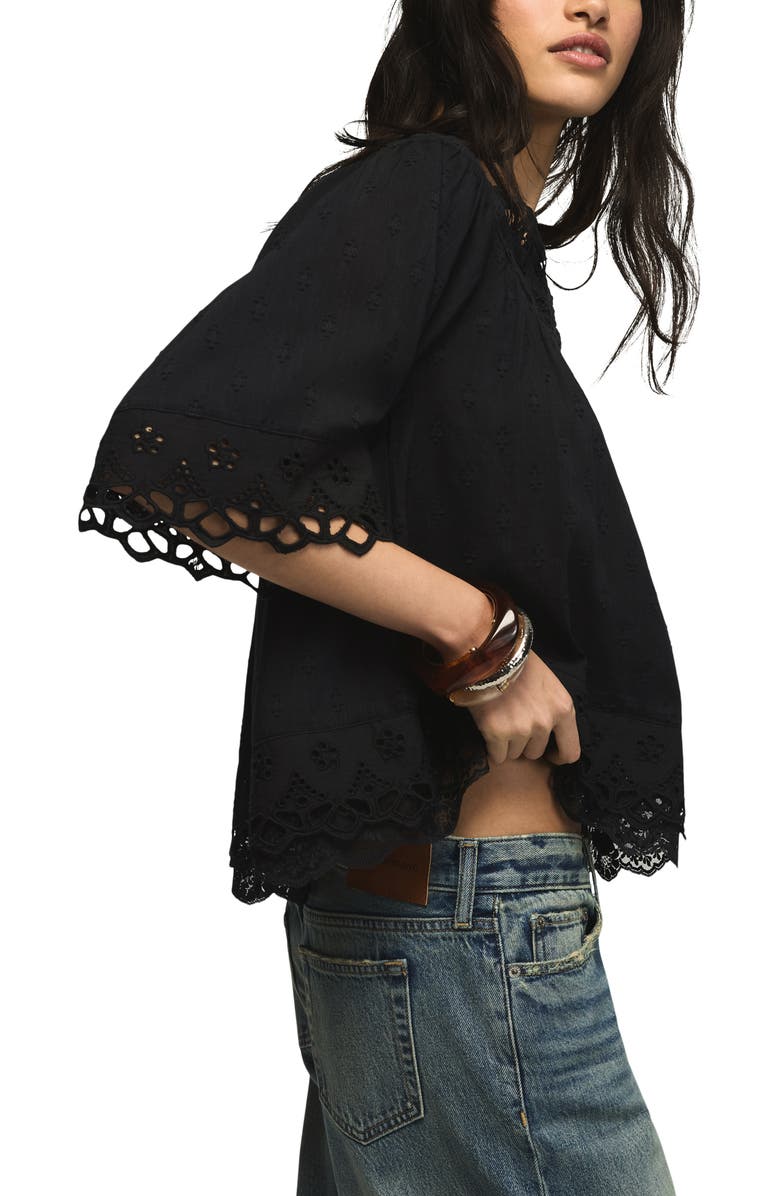 Lucky Brand Battenburg Lace Embroidered Top, Alternate, color, Caviar