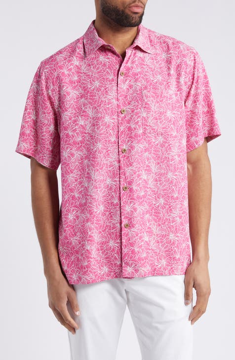 Hight Tide Hibiscus Print Short Sleeve Silk Button-Up Shirt