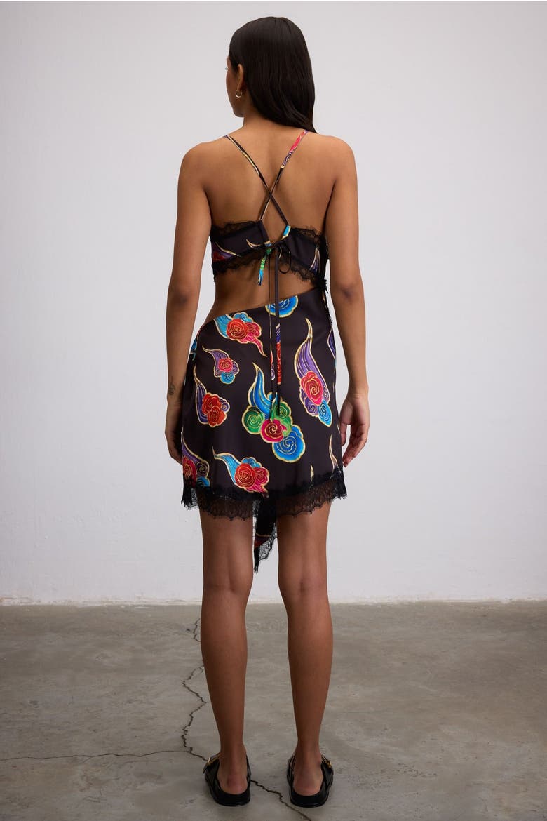Sora Cloud Print Mini Dress With Lace Trim, Alternate, color, Black