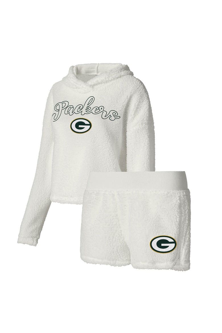 Women's Concepts Sport  White Green Bay Packers Fluffy Pullover Sweatshirt & Shorts Sleep Set, Main, color, White