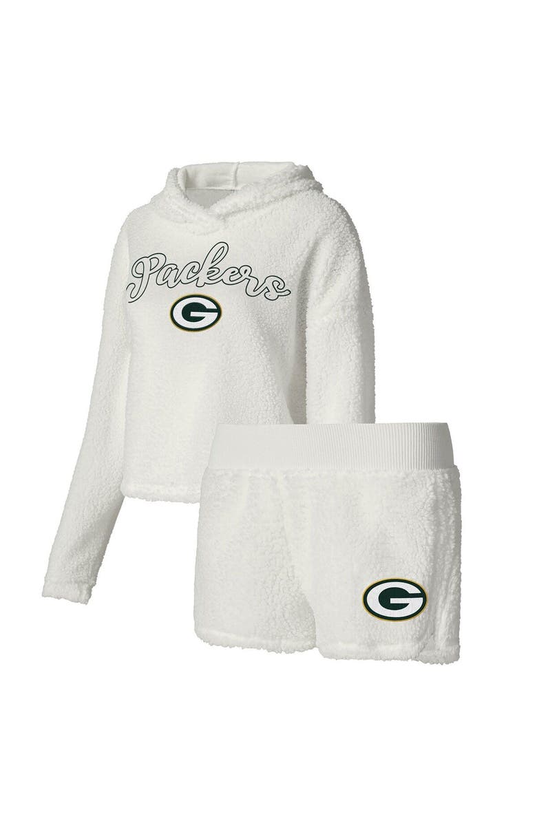 CONCEPTS SPORT Women's Concepts Sport  White Green Bay Packers Fluffy Pullover Sweatshirt & Shorts Sleep Set, Main, color, White