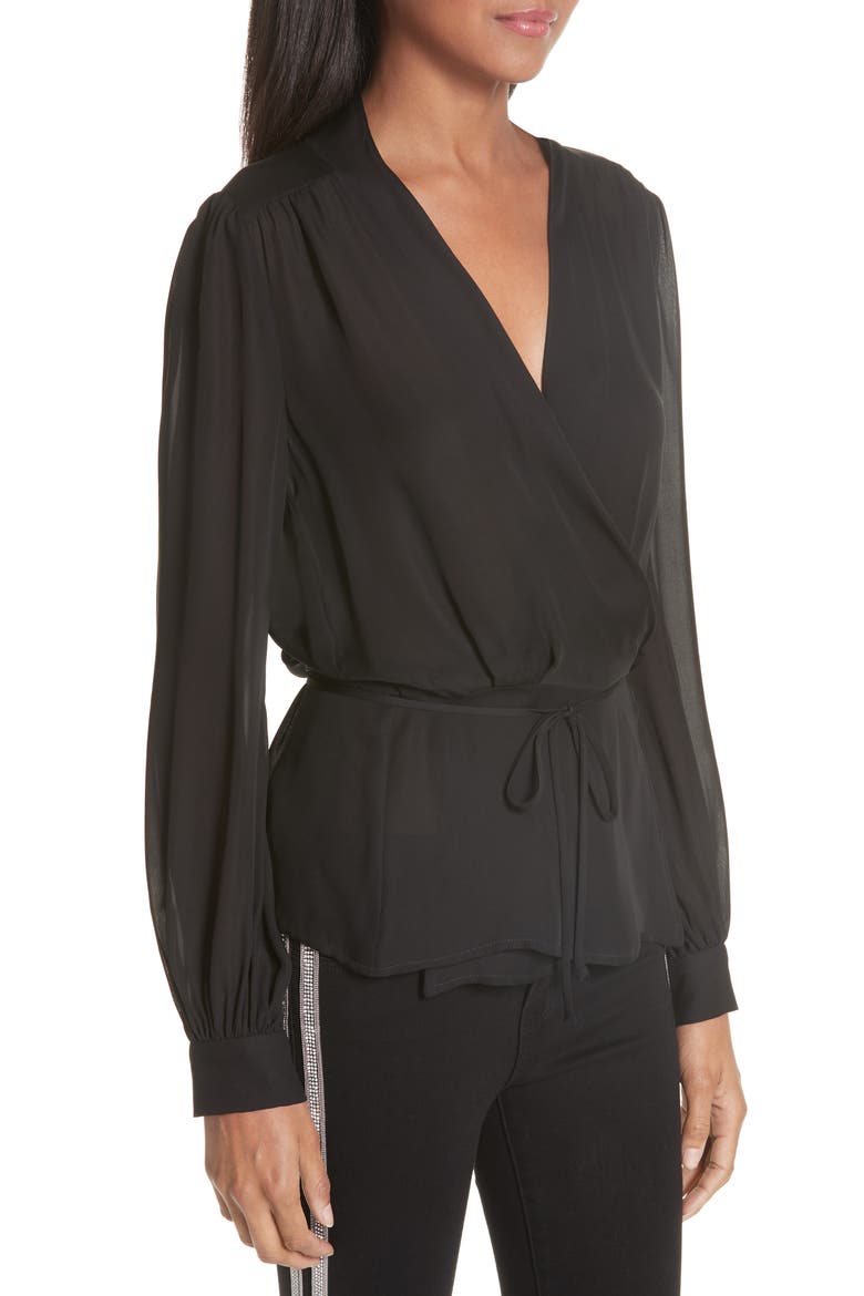 Cara Silk Wrap Blouse, Alternate, color, BLACK