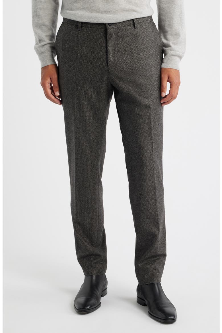 Genius Slim Fit Flat Front Microcheck Brushed Wool Dress Pants, Main, color, DARK BROWN