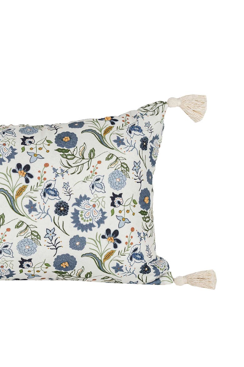 Blue Floral Marguerite Suzani Lumbar Accent Pillow, 14" x 22" w/ Tassels, Alternate, color, Blue