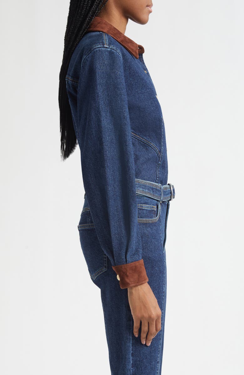 Cinq à Sept Suede Trim Denim Button-Up Shirt, Alternate, color, Dark Sepia/ Fontaine