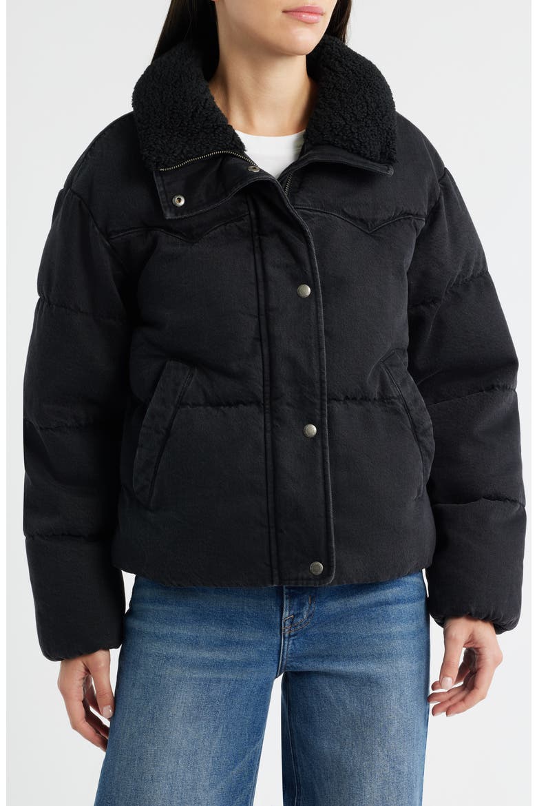 Western Denim Faux Shearling Collar Puffer Jacket, Alternate, color, BLACK DENIM