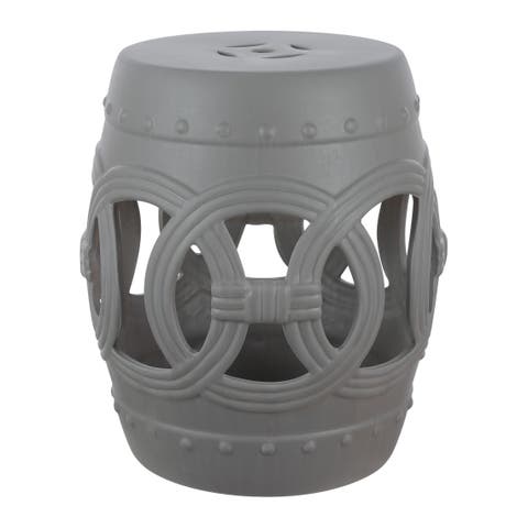 Lucky Coins Contemporary Ceramic Cutout Interlocking Rings Drum Garden Stool, Indoor & Outdoor Accent Side Table, Seat