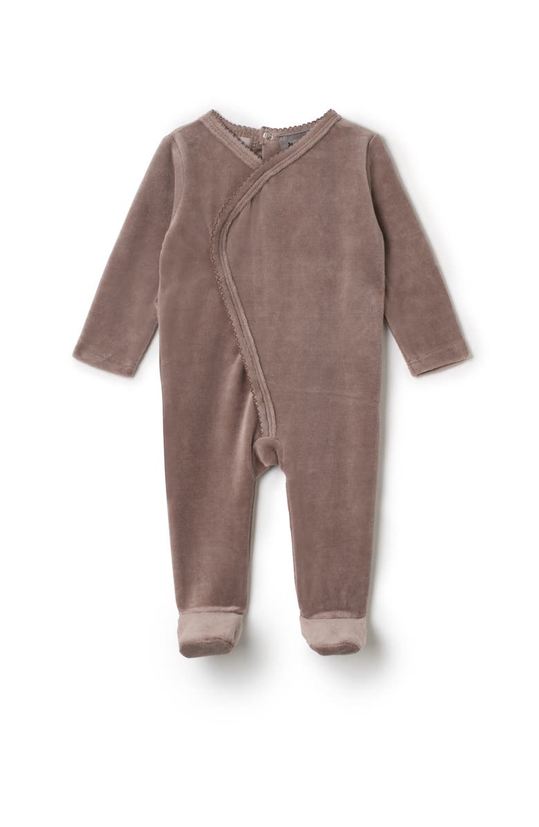 Small Moments Wrap Stretchie Velour Snap Closure Romper, Main, color, Mink