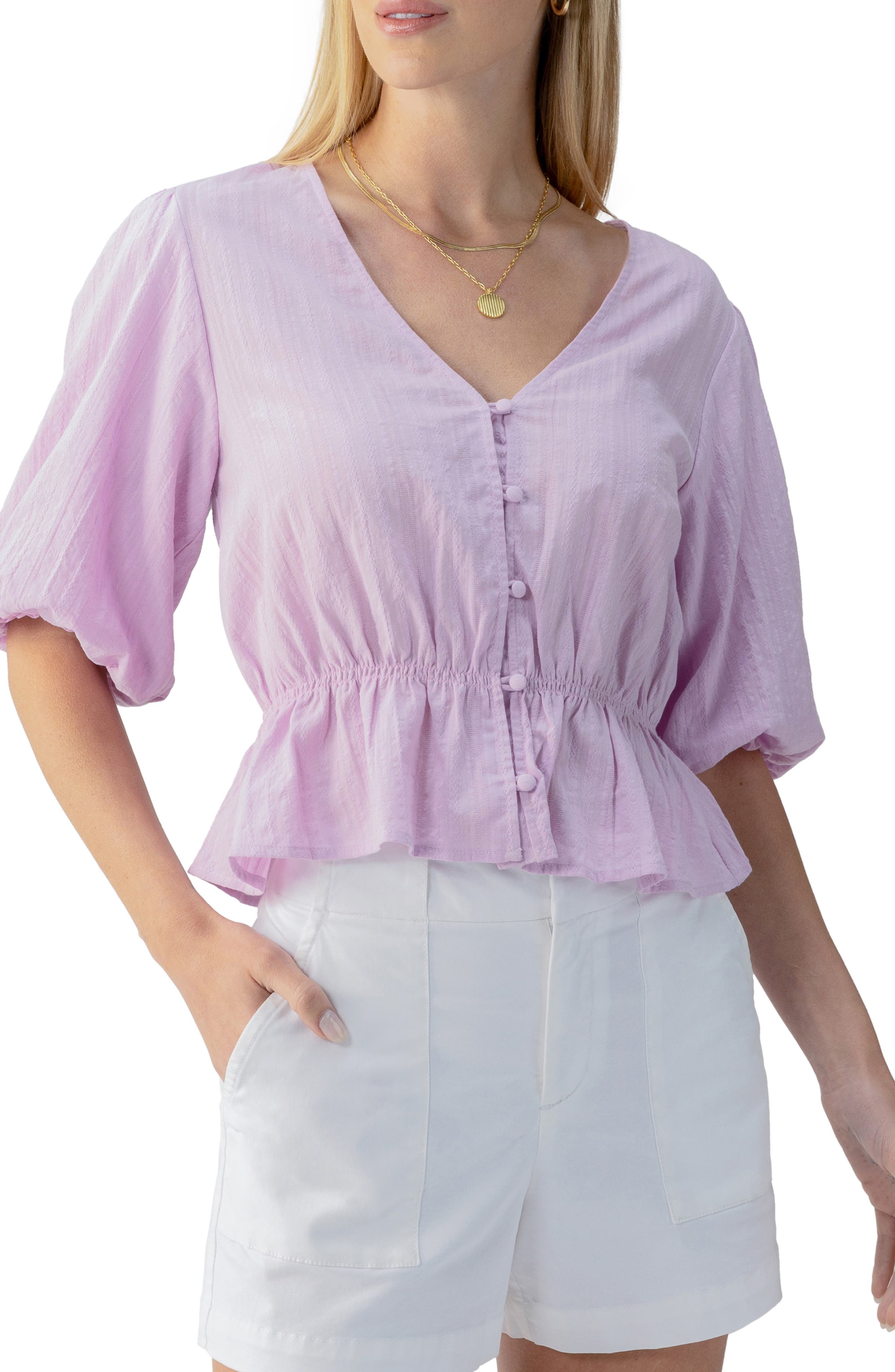 Puff Sleeve Cotton Dobby Button-Up Top