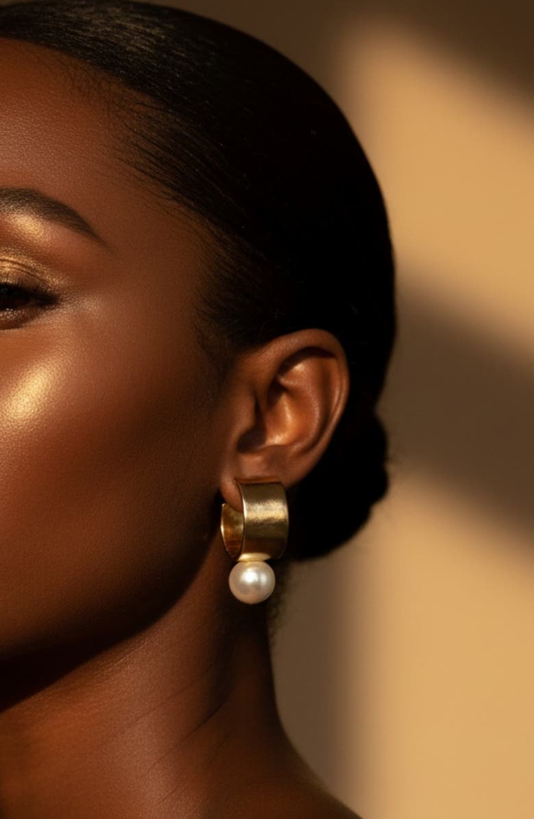 MacRae
Co. x SHARINA Faux Pearl Drop Hoop Earrings, Alternate, color, Gold