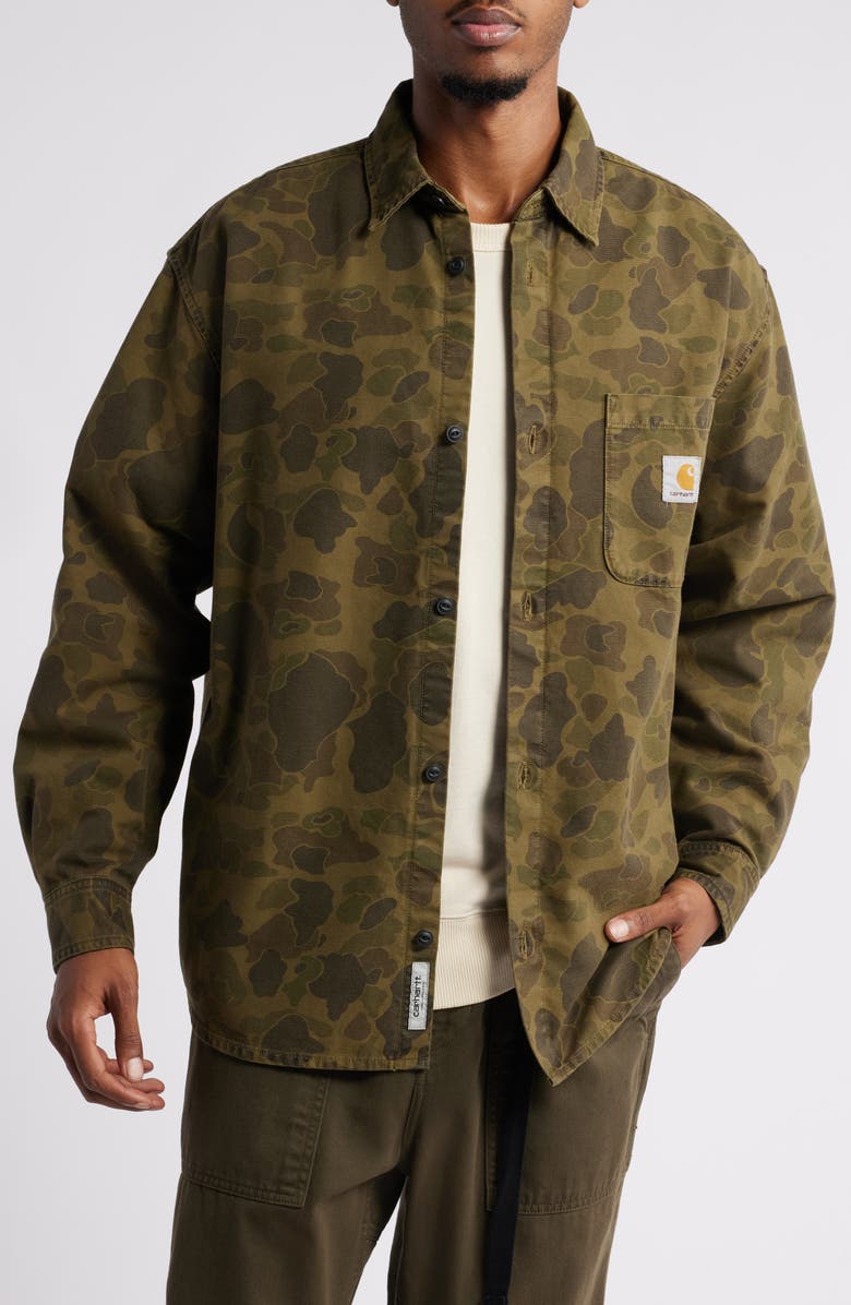 Carhartt Work In Progress Camo Duck Cotton Canvas Button-Up Shirt, Main, color, Duck Green Green Garment Dyed