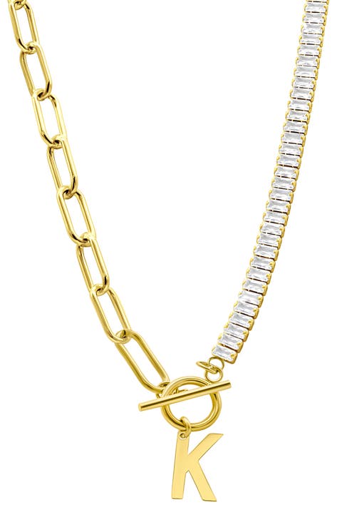 Initial Pendant Half Crystal Half Paper Clip Chain Necklace