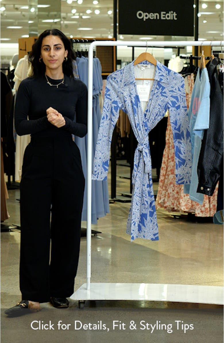 New Jeanne Leaf Print Long Sleeve Silk Wrap Dress, sales video thumbnail